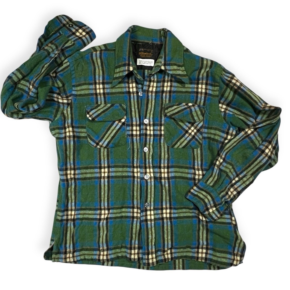 GIMBELS Shirt Mens  M/L Wool Linen Blend Flannel Plaid Shacket Grunge Thrashed‎